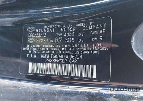 2013 Hyundai Genesis 2.0T Premium из США, поврежденный, VIN KMHHT6KD4DU096724